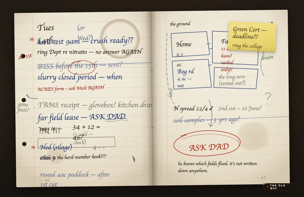 A farm notebook full of scribbled jobs, crossed out lines and a note saying ask Dad